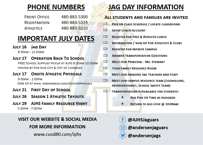 Jag Day is Jul 16, 2021, come pick up your schedule, find your classes, set up lunch accounts/complete free and reduced lunch